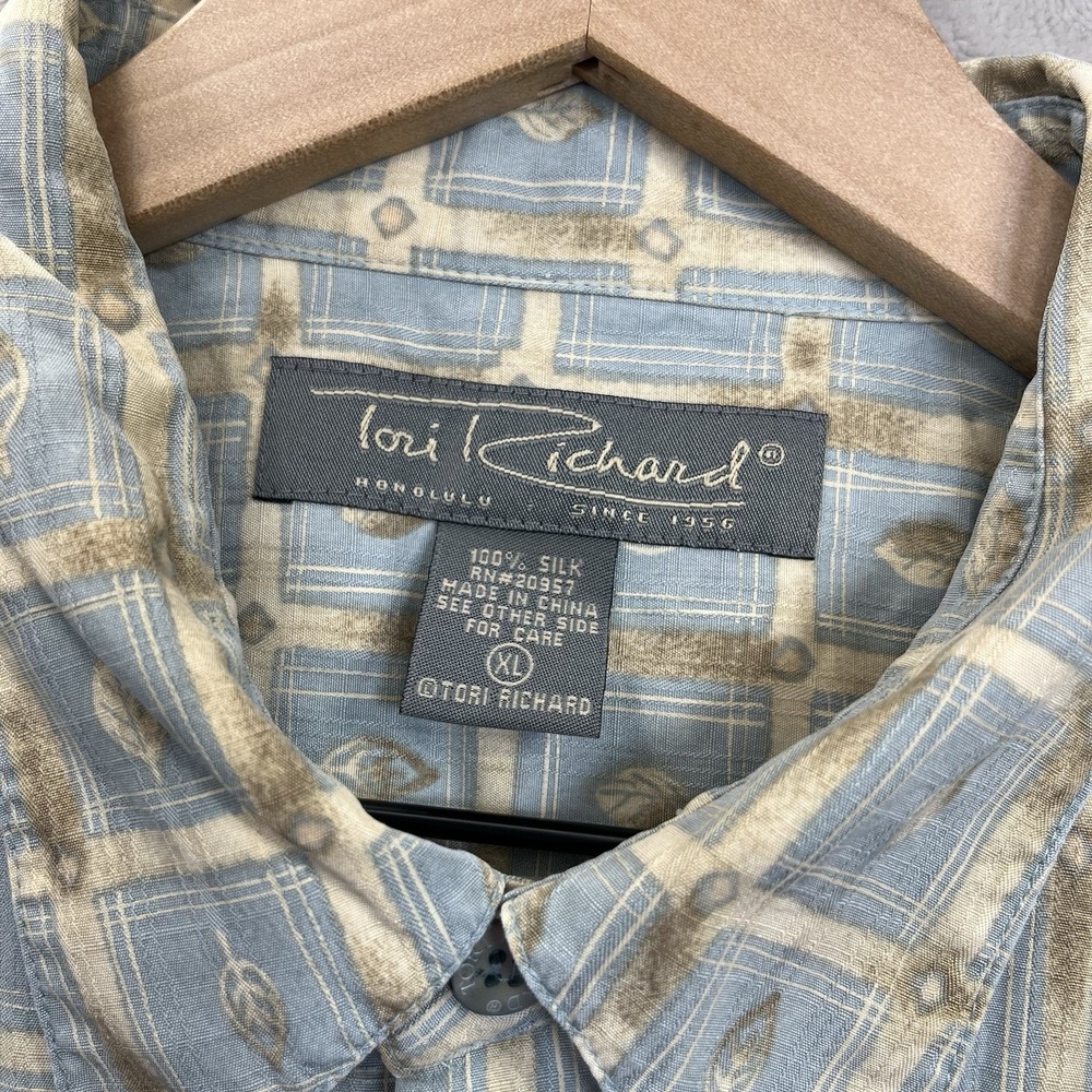 Tori Richard Shirt Mens XL Blue Beige Silk Geometric Aloha
